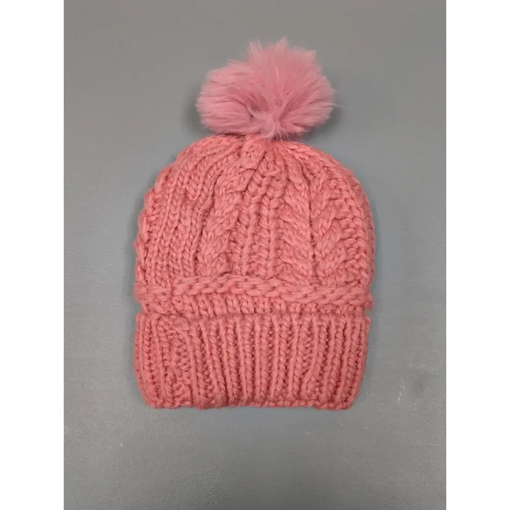 Chunky Knit Beanie Sherpa Lined Pom Cable Knit Fold-Up Cuff Winter Ski Cozy Pink